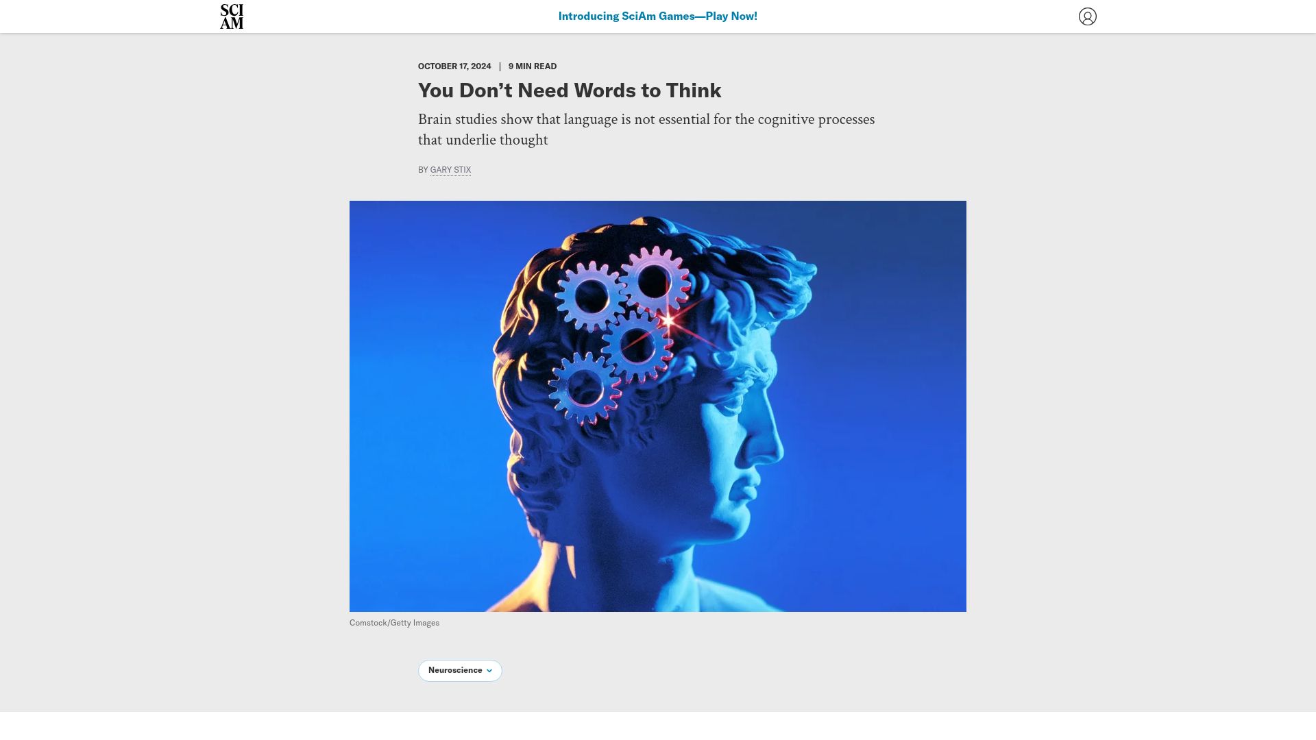 Screenshot of scientificamerican.com: Language is not essential for the cognitive processes that underlie thought