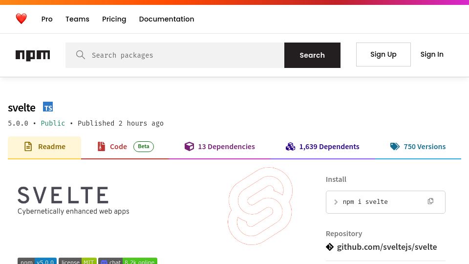 Screenshot of npmjs.com: Svelte 5 Released