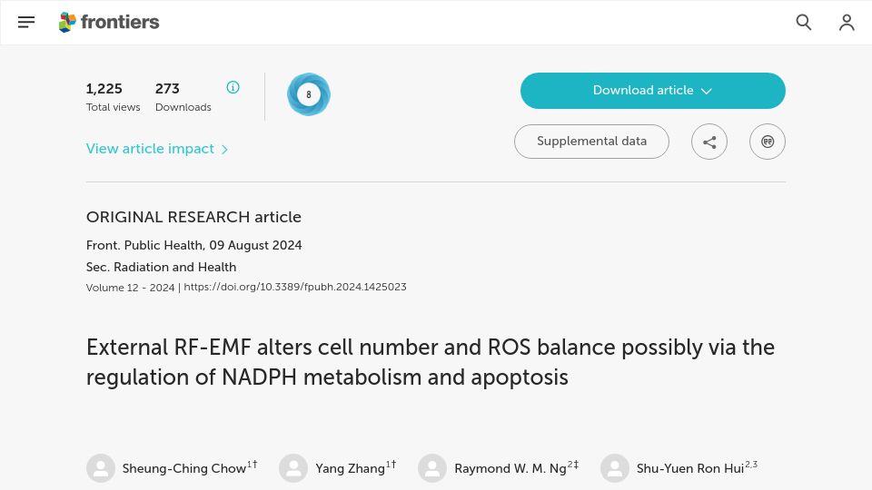 Screenshot of frontiersin.org: External RF-EMF Alters Cell Number and Reactive Oxygen Species Balance