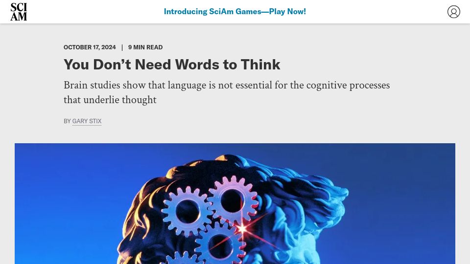 Screenshot of scientificamerican.com: Language is not essential for the cognitive processes that underlie thought