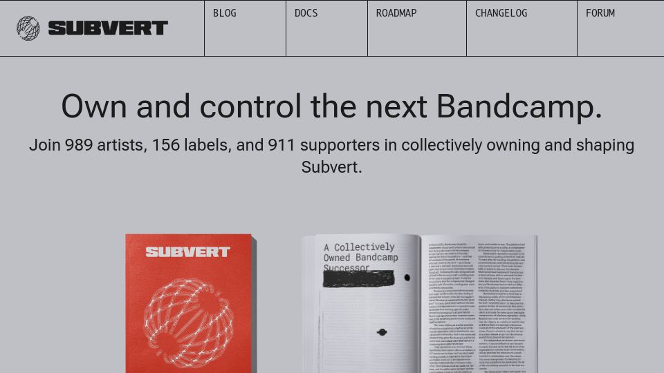 Screenshot of subvert.fm: Subvert – Collectively owned music marketplace
