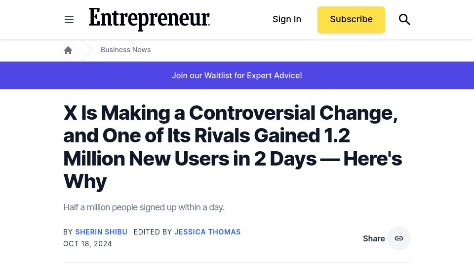 Screenshot of entrepreneur.com: Bluesky gains 1.2M in 2 days, 12M total after X disables blocking