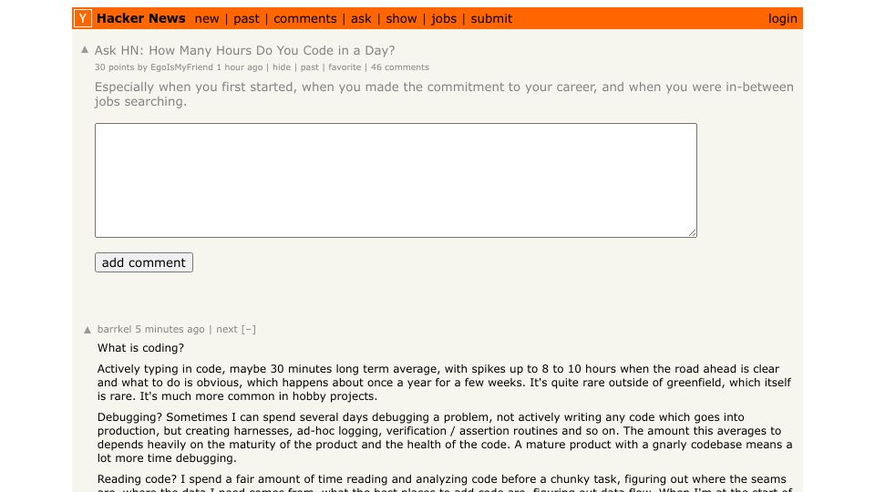 Screenshot of Hacker News post: Ask HN: How Many Hours Do You Code in a Day?