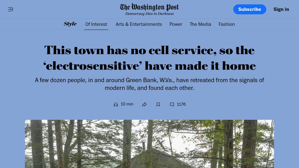 Screenshot of washingtonpost.com: Town has no cell service, so the 'electrosensitive' have made it home