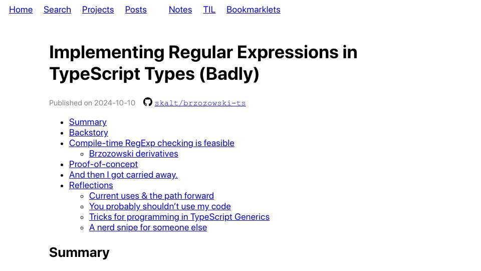 Screenshot of skalt.github.io: Implementing Regular Expressions in TypeScript Types (Badly)