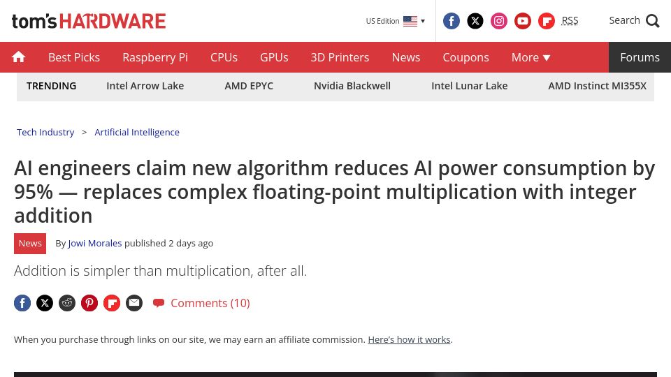 Screenshot of tomshardware.com: AI engineers claim new algorithm reduces AI power consumption by 95%