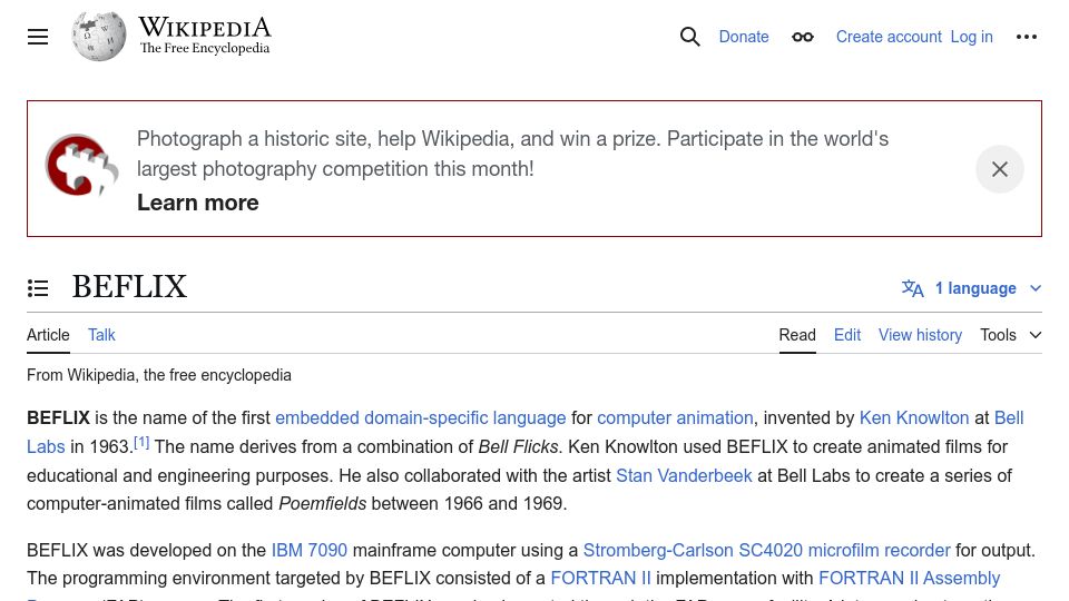 Screenshot of en.wikipedia.org: Beflix (Bell Labs Flicks)