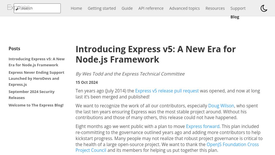 Screenshot of expressjs.com: Express v5