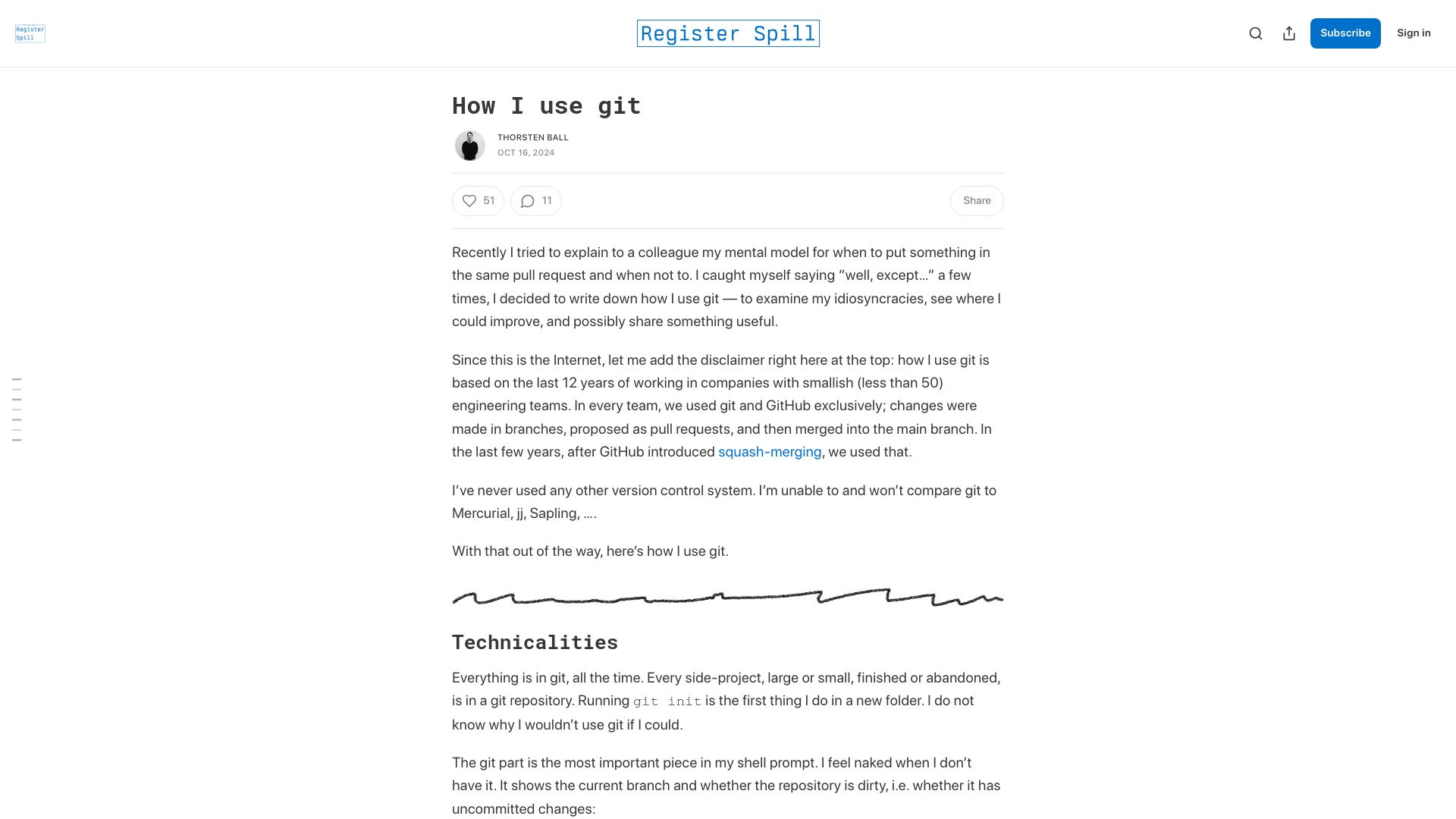 Screenshot of registerspill.thorstenball.com: How I Use Git