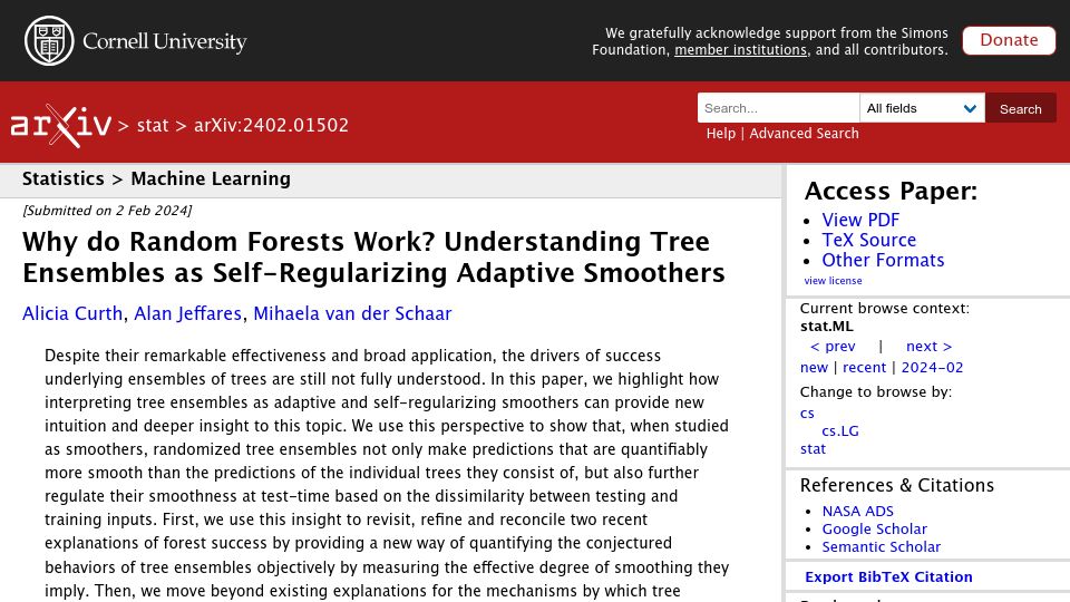Screenshot of arxiv.org: Why do random forests work? They are self-regularizing adaptive smoothers