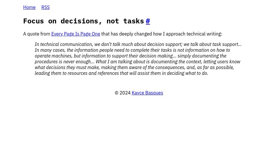 Screenshot of technicalwriting.dev: Focus on decisions, not tasks