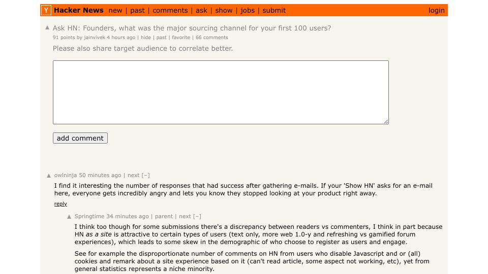 Screenshot of Hacker News post: Ask HN: Founders, what was the major sourcing channel for your first 100 users?