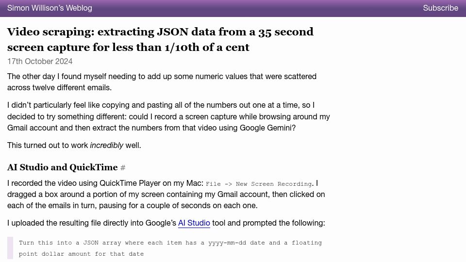 Screenshot of simonwillison.net: Video scraping: extracting JSON from a 35s screen capture for 1/10th of a cent