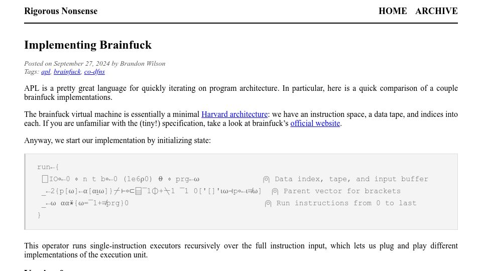 Screenshot of blog.wilsonb.com: Implementing Brainfuck in APL