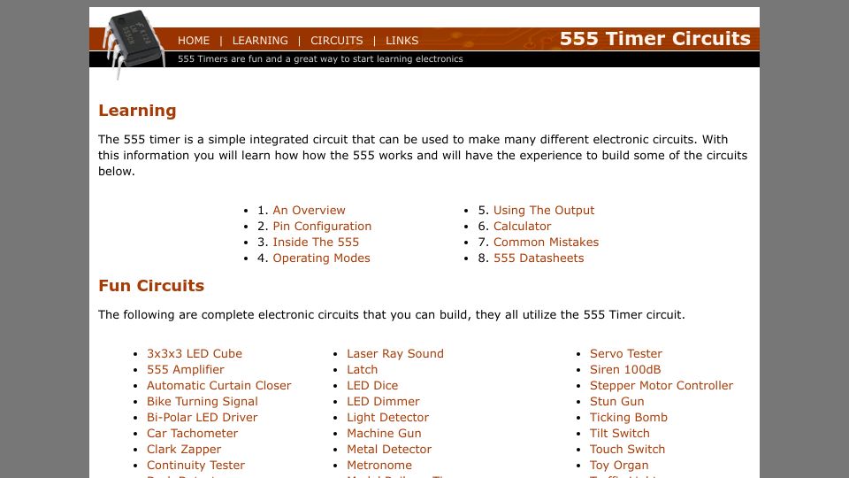 Screenshot of 555-timer-circuits.com: 555 Timer Circuits