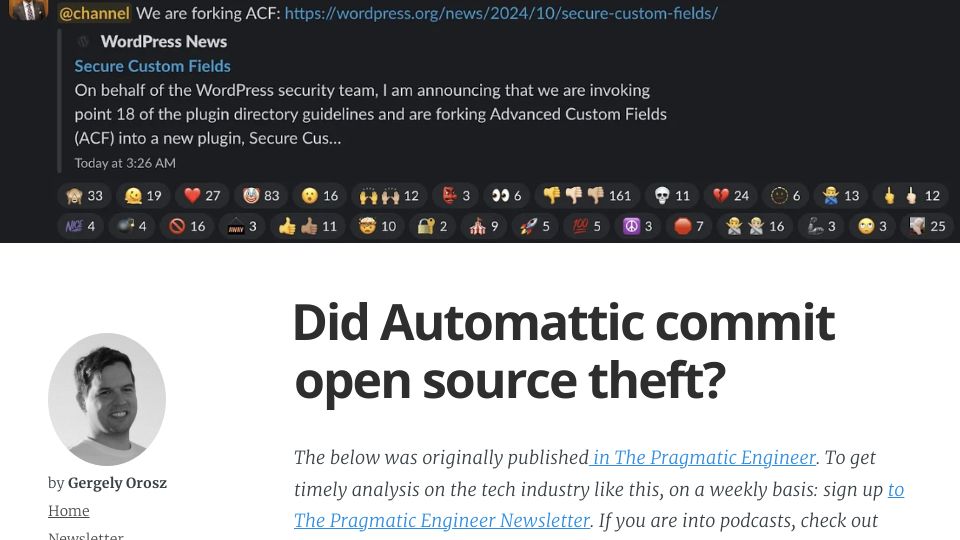 Screenshot of blog.pragmaticengineer.com: Did Automattic commit open source theft?