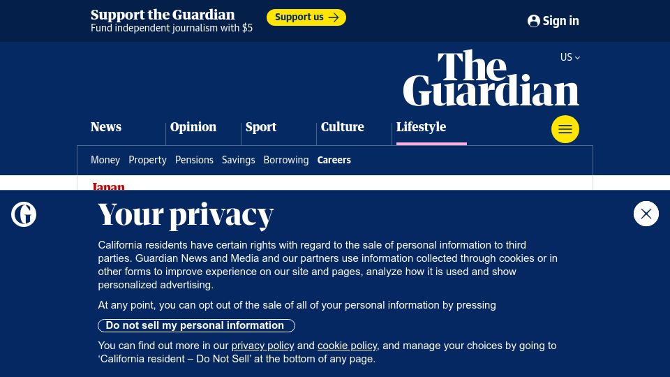 Screenshot of theguardian.com: 'They refused to let me go': Japanese turn to resignation agencies to quit jobs