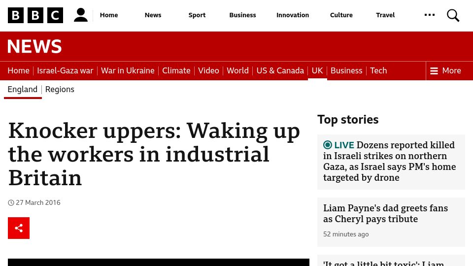 Screenshot of bbc.com: Knocker uppers: Waking up the workers in industrial Britain (2016)