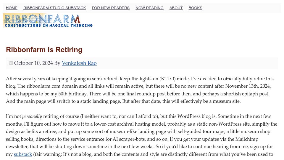 Screenshot of ribbonfarm.com: Ribbonfarm Is Retiring