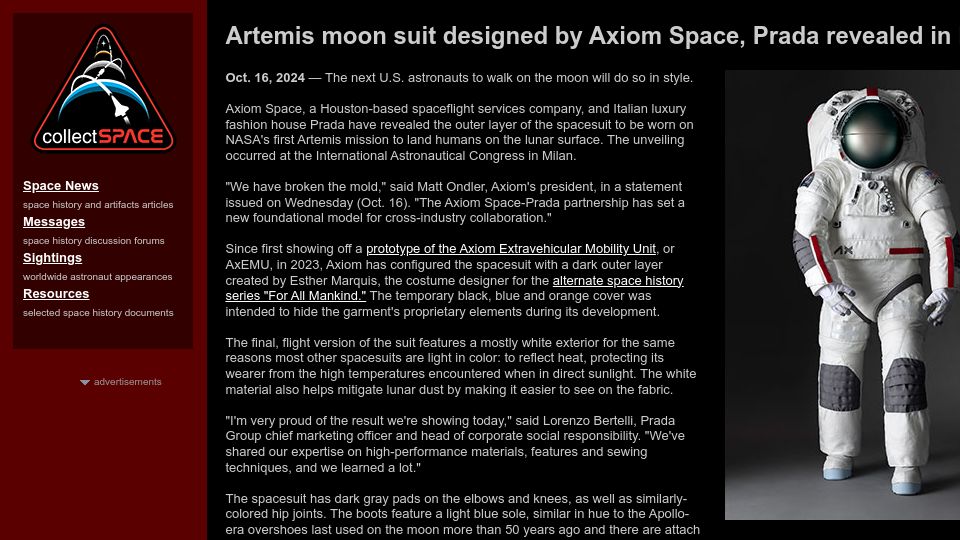 Screenshot of collectspace.com: Artemis moon suit designed by Axiom Space and Prada revealed in Milan