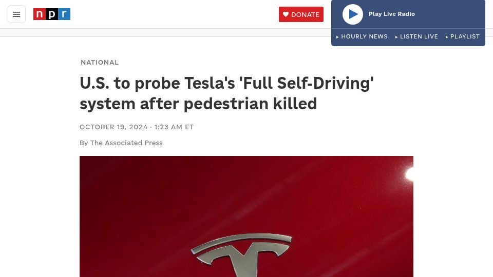 Screenshot of npr.org: U.S. to probe Tesla's 'Full Self-Driving' system after pedestrian killed