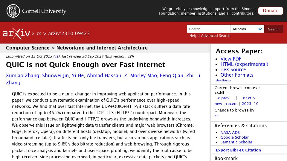 Screenshot of arxiv.org: QUIC is not quick enough over fast internet