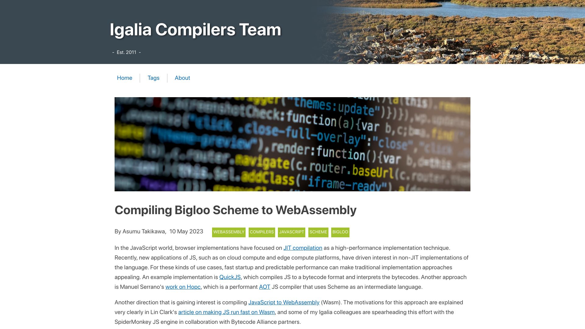 Screenshot of blogs.igalia.com: Compiling Bigloo Scheme to WebAssembly