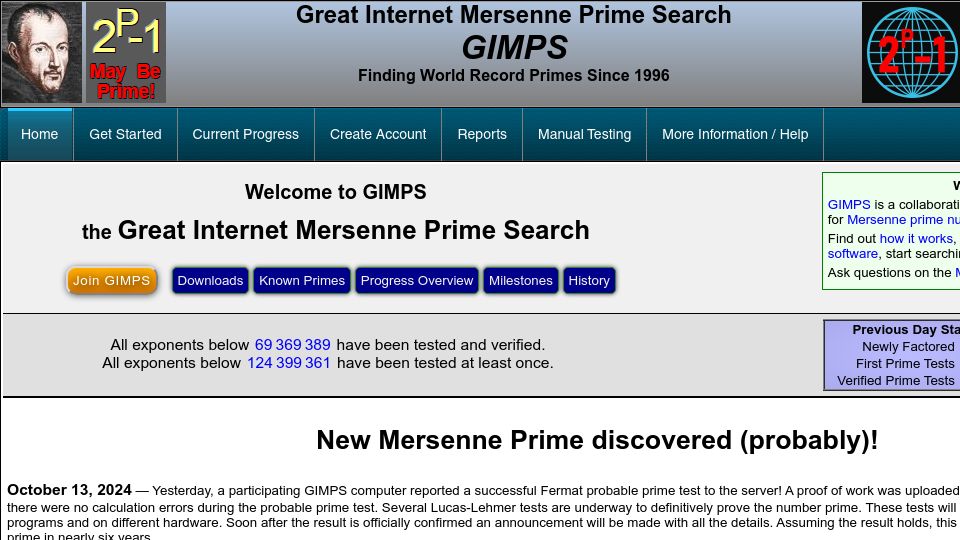 Screenshot of mersenne.org: New Mersenne Prime discovered (probably)