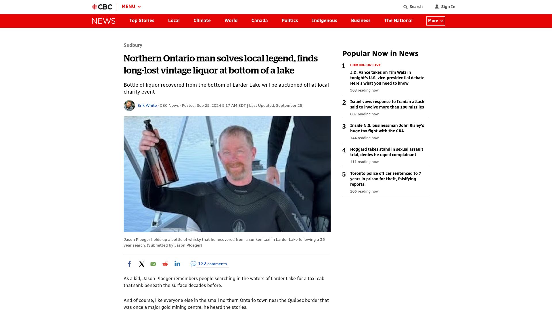 Screenshot of cbc.ca: Northern Ontario man solves local legend, finds vintage liquor at bottom of lake