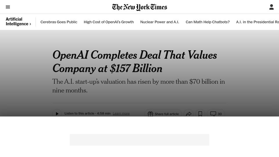 Screenshot of nytimes.com: OpenAI completes deal that values company at $157B
