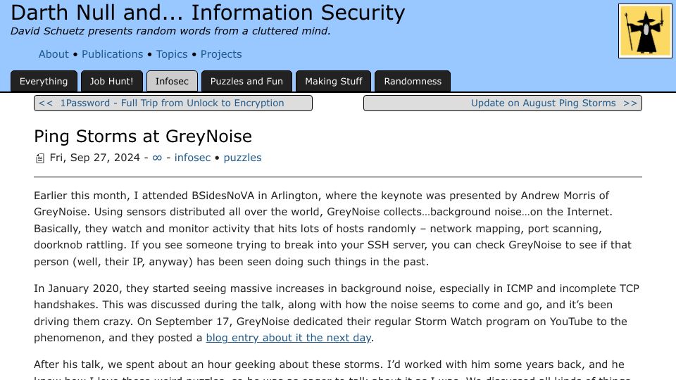 Screenshot of darthnull.org: Ping Storms at GreyNoise
