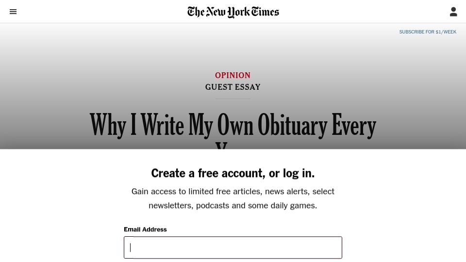 Screenshot of nytimes.com: Why I Write My Own Obituary Every Year