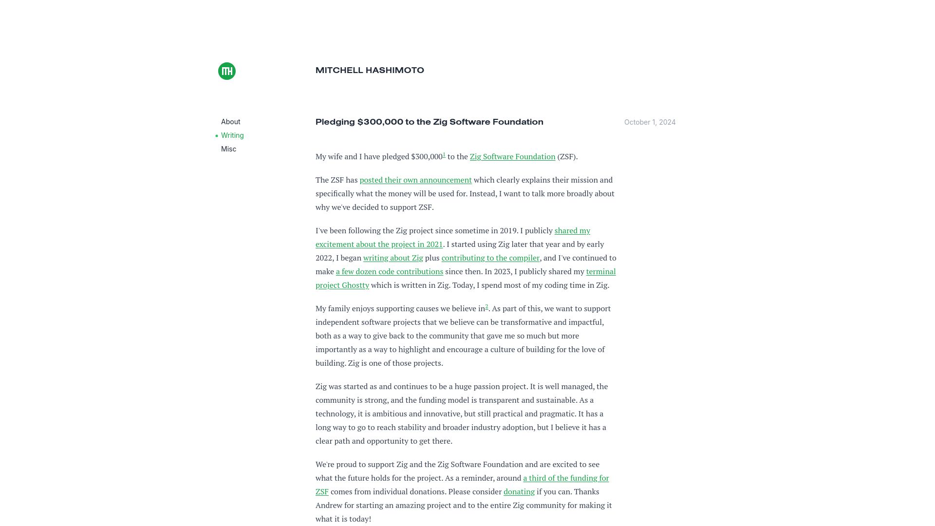 Screenshot of mitchellh.com: Pledging $300k to the Zig Software Foundation