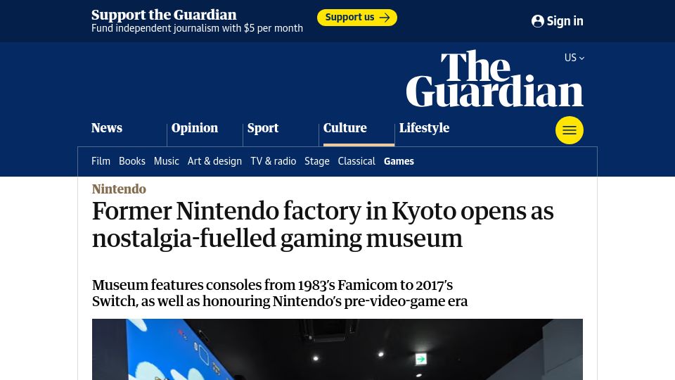 Screenshot of theguardian.com: Former Nintendo factory in Kyoto opens as nostalgia-fuelled gaming museum