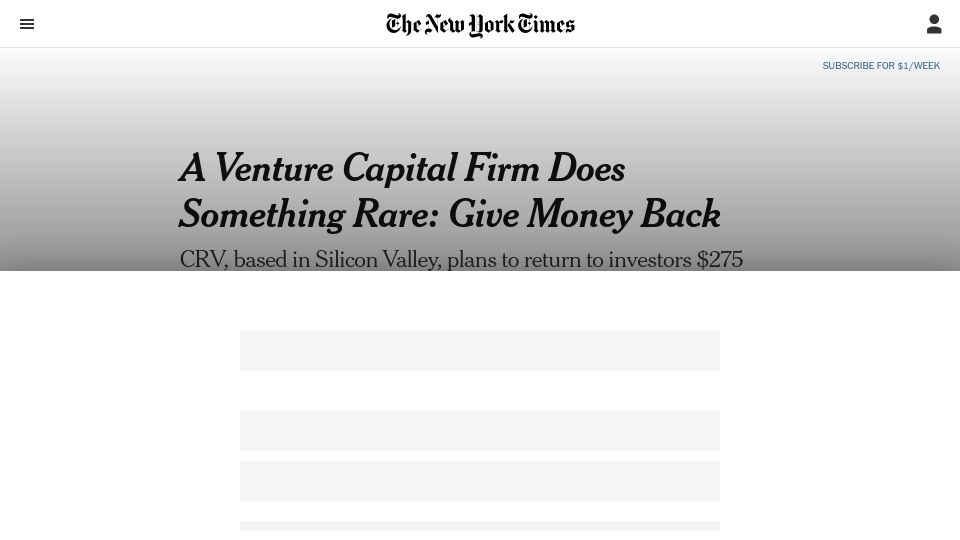 Screenshot of nytimes.com: VC Fund gives money back, says the market for mature startups is too weak