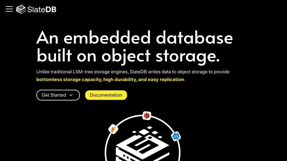 Screenshot of slatedb.io: SlateDB – An embedded database built on object storage