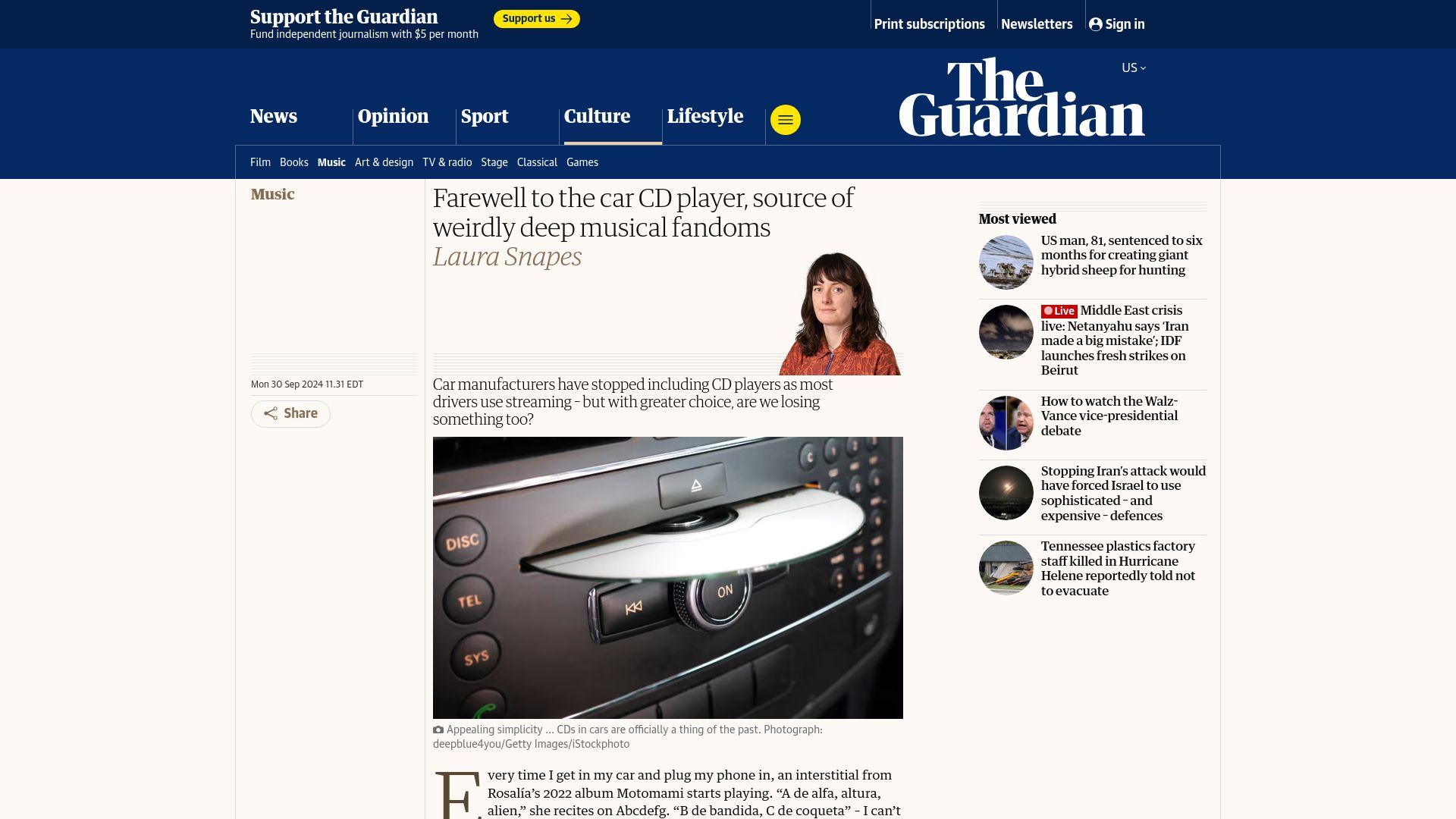 Screenshot of theguardian.com: Farewell to the car CD player, source of weirdly deep musical fandoms