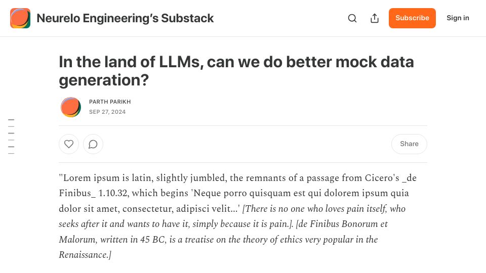 Screenshot of neurelo.substack.com: In the land of LLMs, can we do better mock data generation?