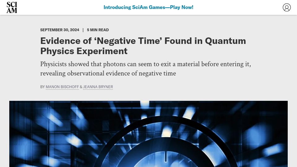 Screenshot of scientificamerican.com: Evidence of 'Negative Time' Found in Quantum Physics Experiment