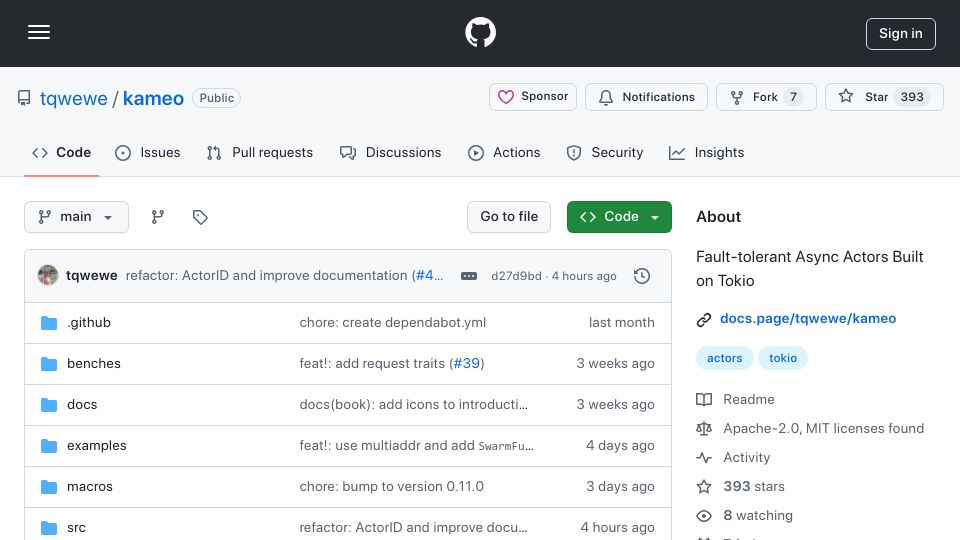 Screenshot of github.com: Show HN: Kameo – Fault-tolerant async actors built on Tokio