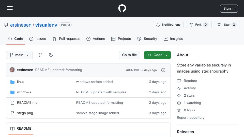 Screenshot of github.com: Show HN: Visualenv: store env variables in image