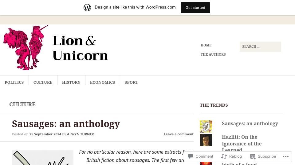 Screenshot of thelionandunicorn.wordpress.com: Sausages: An Anthology