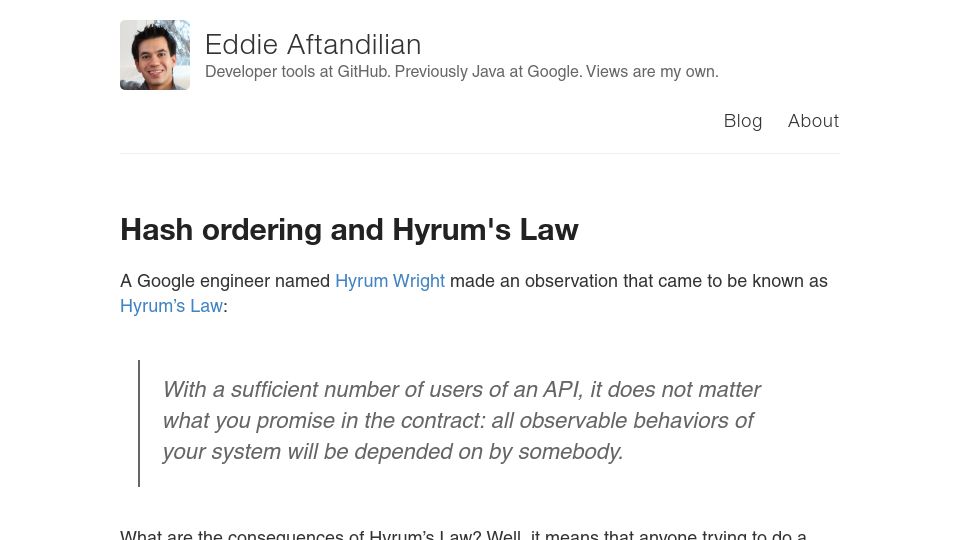 Screenshot of eaftan.github.io: Hash Ordering and Hyrum's Law