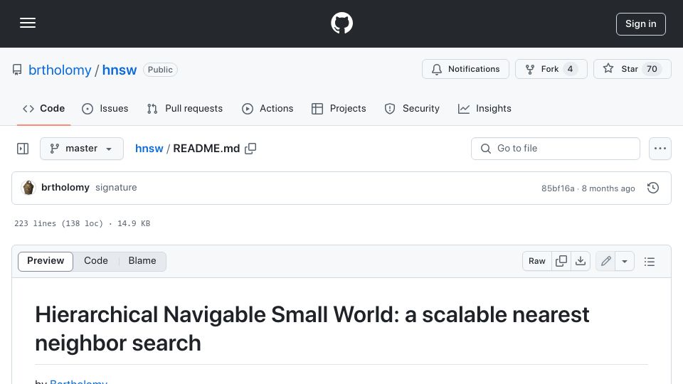 Screenshot of github.com: Hierarchical Navigable Small World: a scalable nearest neighbor search