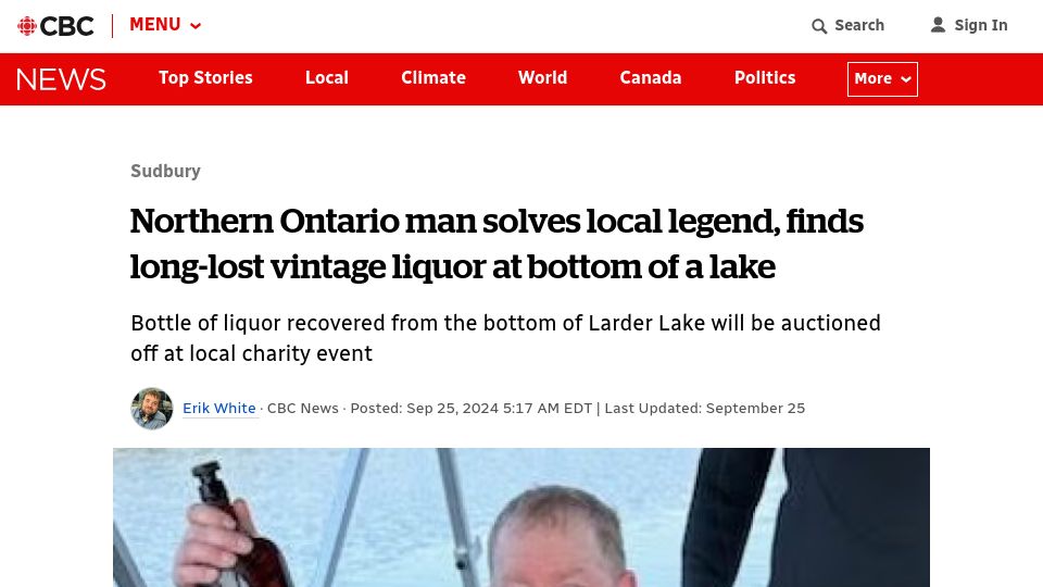 Screenshot of cbc.ca: Northern Ontario man solves local legend, finds vintage liquor at bottom of lake