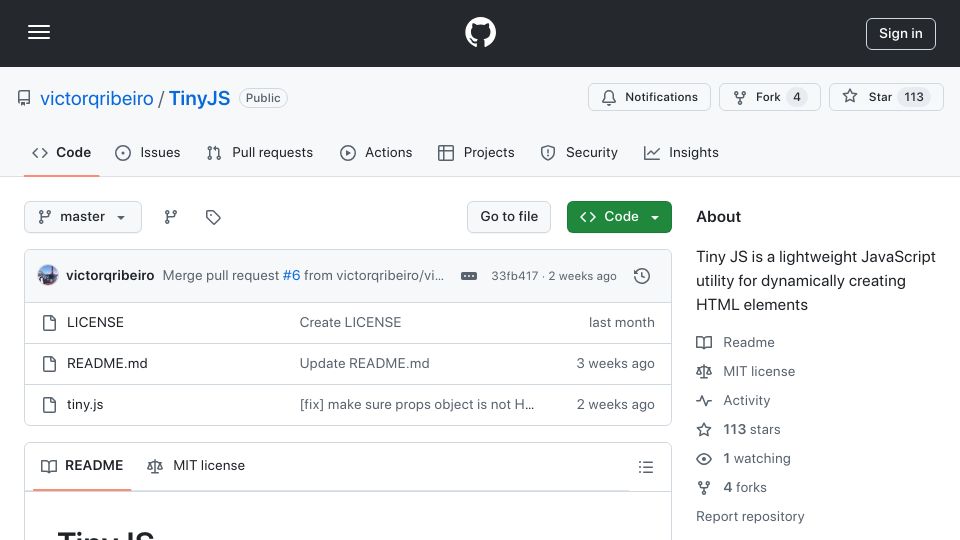 Screenshot of github.com: TinyJS – Shorten JavaScript QuerySelect with $ and $$