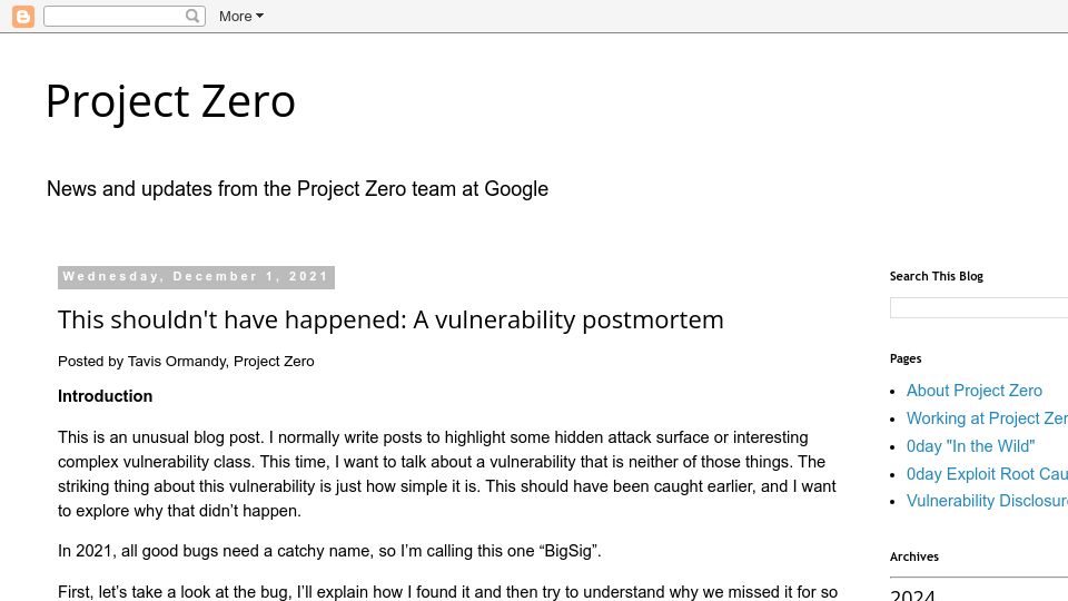 Screenshot of googleprojectzero.blogspot.com: Shouldn't have happened: A vulnerability postmortem