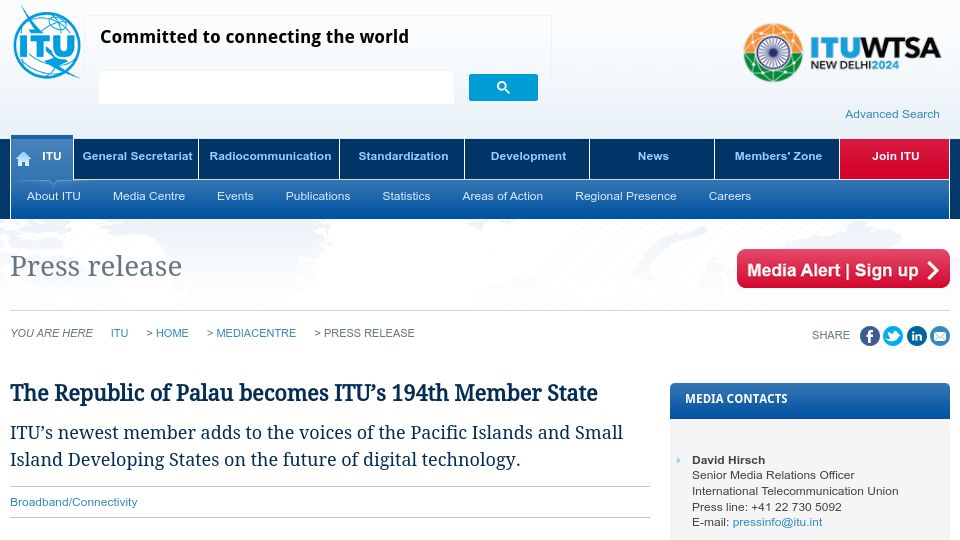 Screenshot of itu.int: The Republic of Palau Becomes ITU's 194th Member State