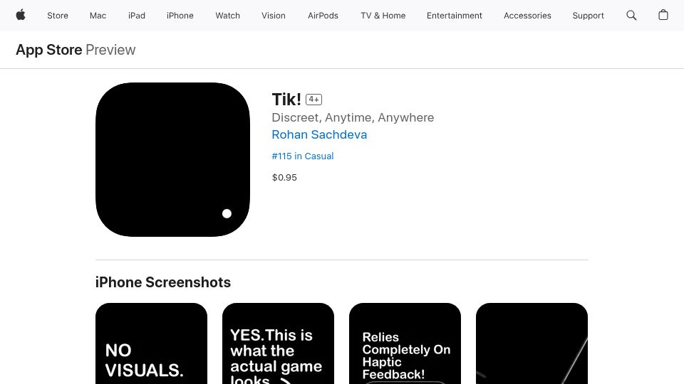 Screenshot of apps.apple.com: I made a game you can play without anyone knowing (no visuals/sound)