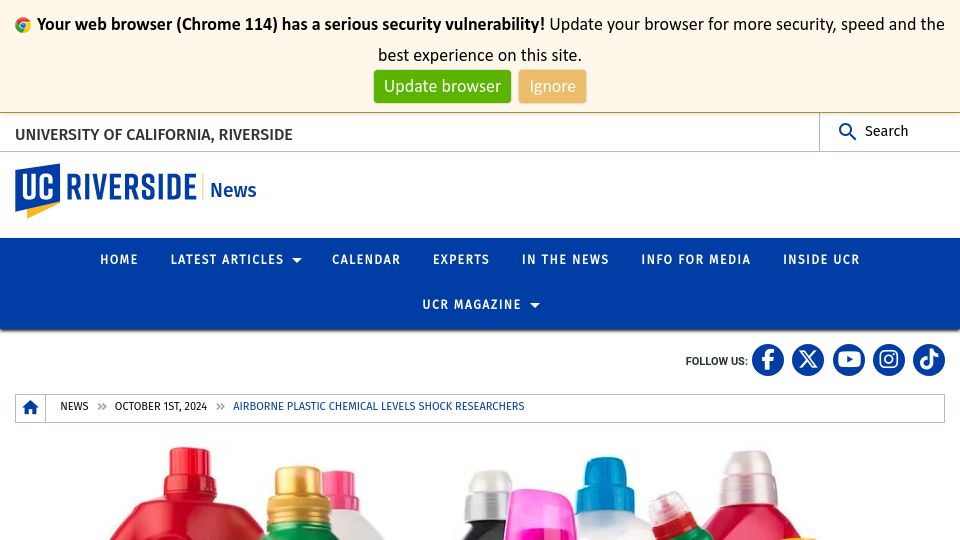 Screenshot of news.ucr.edu: Airborne plastic levels shock researchers (chronic DEHP/DiNP/DEHT exposure)